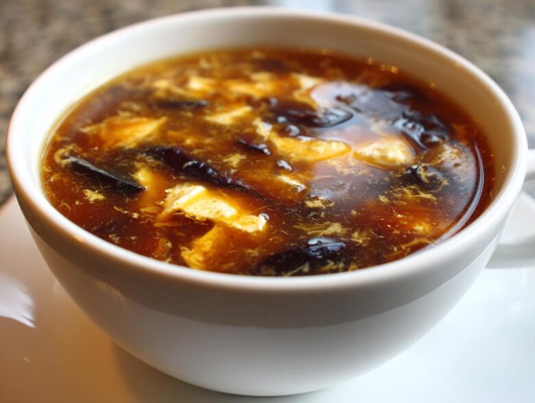 A close-up view of a white bowl filled with steaming hot and sour soup recipe, showing tofu and dark mushrooms.