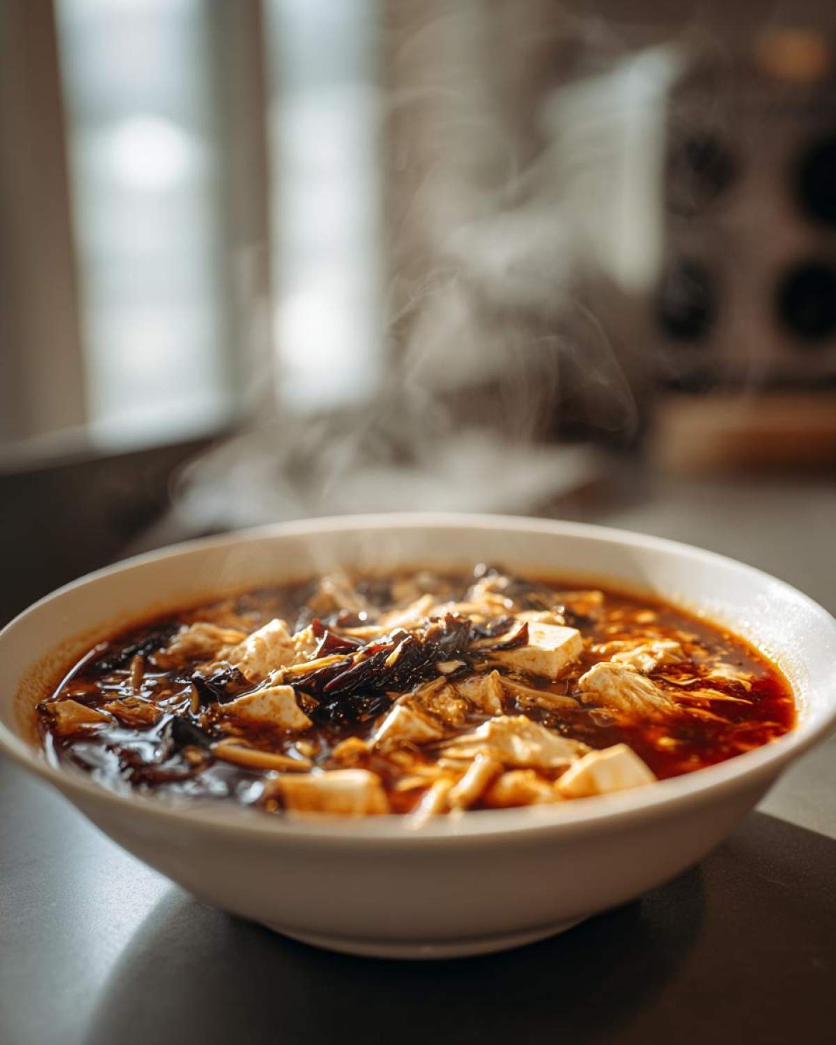 A close-up of a steaming white bowl filled with rich, dark red hot and sour soup recipe, featuring tofu and mushrooms.
