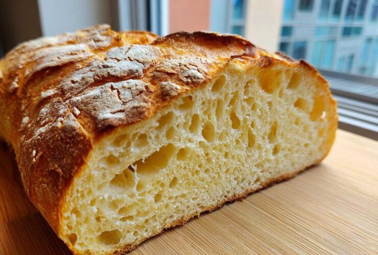 Close-up of the airy, open crumb structure inside a freshly baked Italian bread loaf.