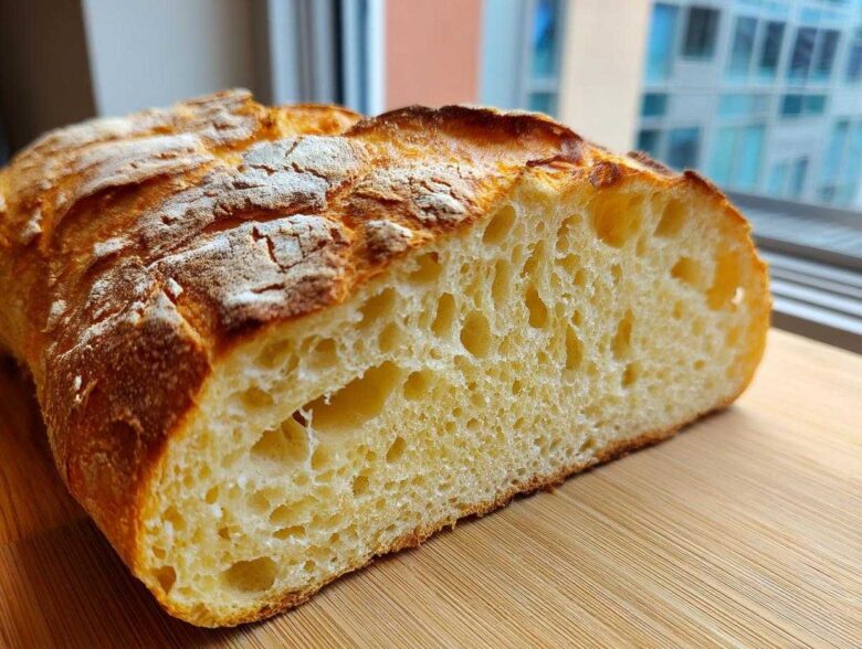 Close-up of the airy, open crumb structure inside a freshly baked Italian bread loaf.