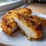 Cross-section view of a perfectly cooked air fryer chicken breast showing juicy white meat and a crispy golden brown breading.