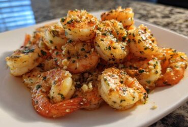 A pile of perfectly cooked, seasoned air fryer shrimp dusted with garlic and parsley on a white plate.