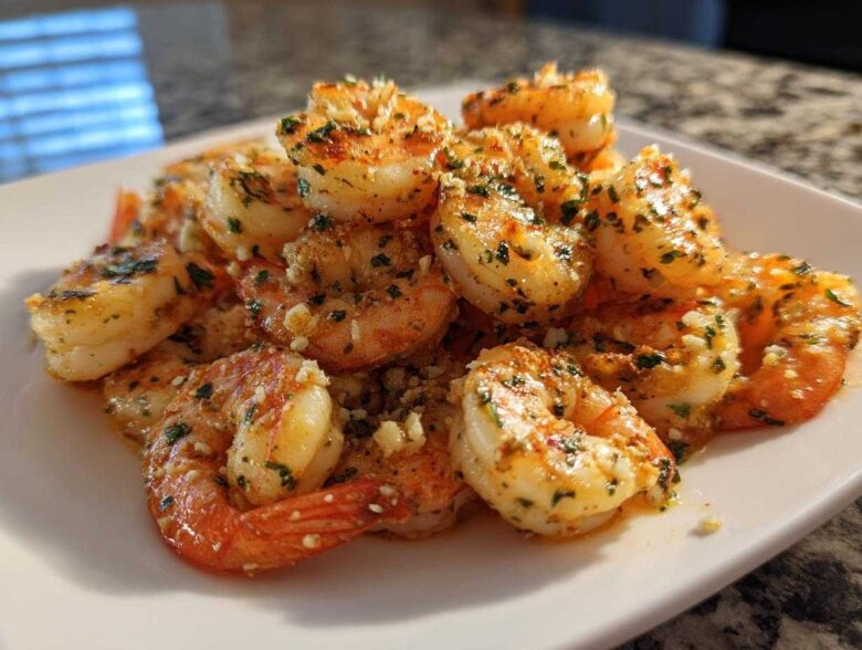 A pile of perfectly cooked, seasoned air fryer shrimp dusted with garlic and parsley on a white plate.