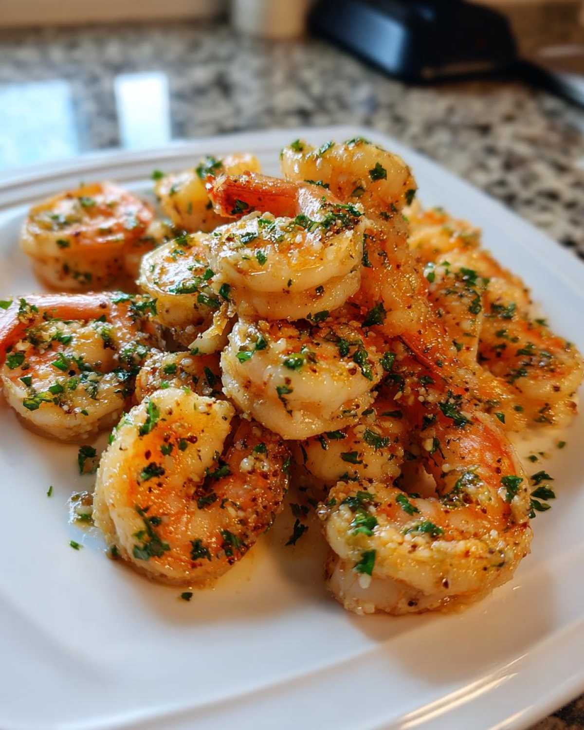 Close-up of juicy air fryer shrimp piled on a white plate, seasoned with garlic and fresh parsley.