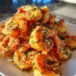 A close-up of a pile of golden brown, seasoned air fryer shrimp garnished with parsley and Parmesan cheese.