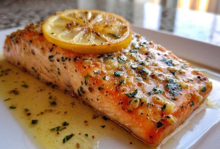 Close-up of a perfectly cooked baked salmon recipe fillet topped with garlic, herbs, and a lemon slice.