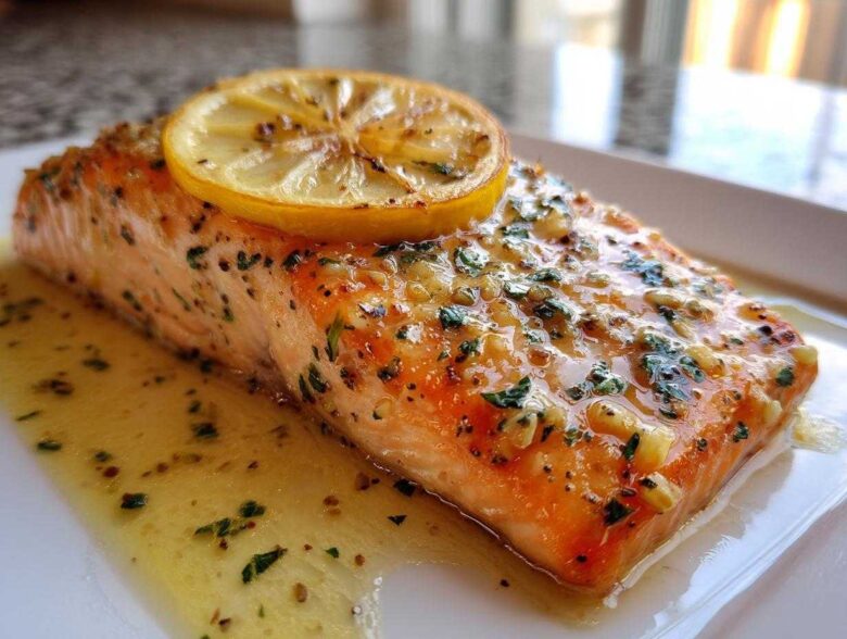 Close-up of a perfectly cooked baked salmon recipe fillet topped with garlic, herbs, and a lemon slice.