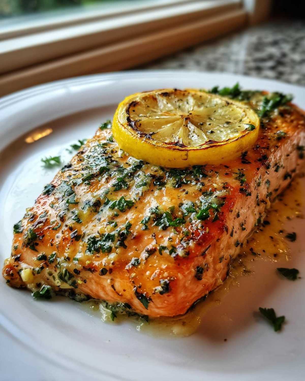 Close-up of a perfectly cooked baked salmon recipe fillet topped with a charred lemon slice and fresh parsley.