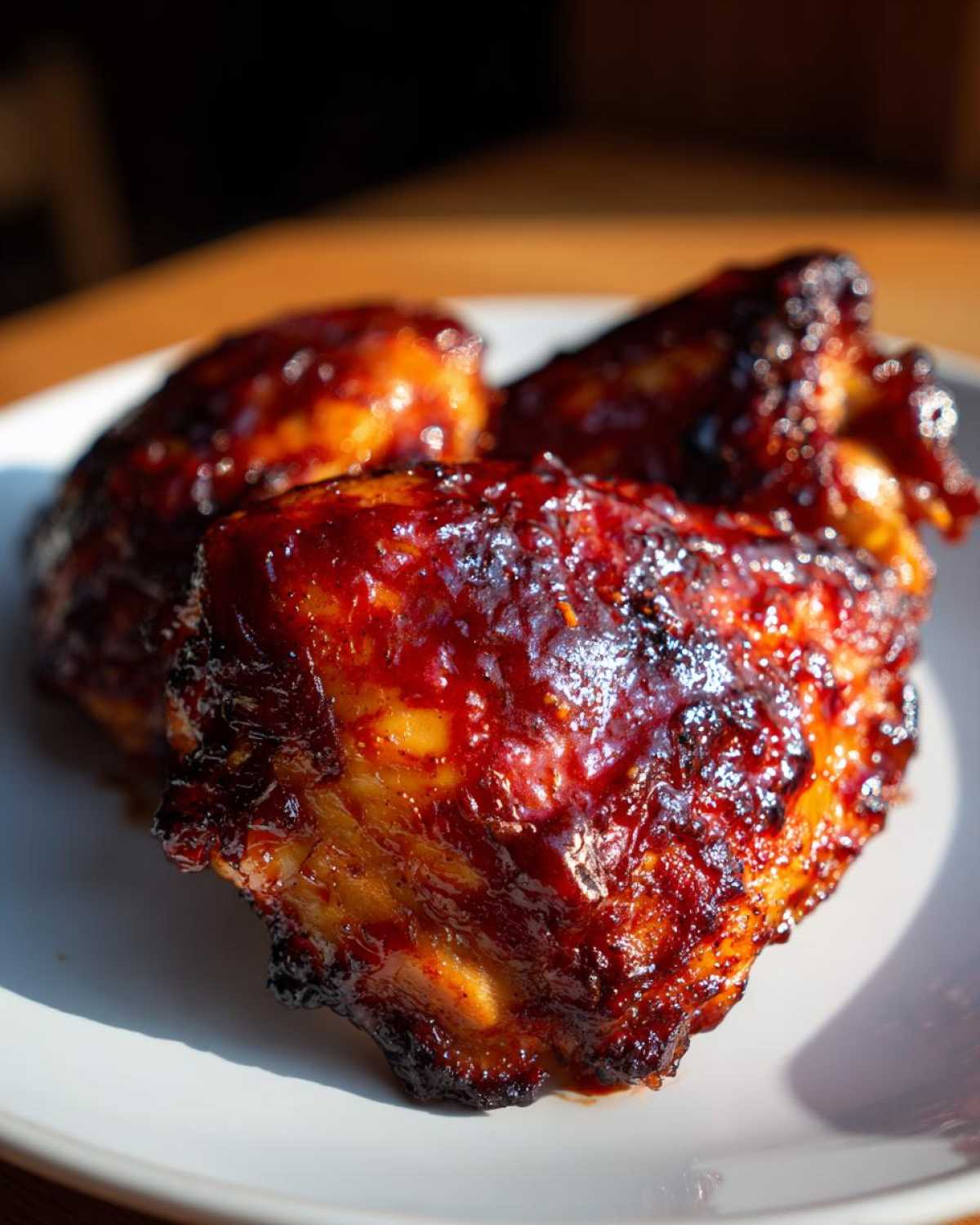 Close-up of three pieces of juicy bbq chicken coated in a thick, dark, glossy barbecue sauce.