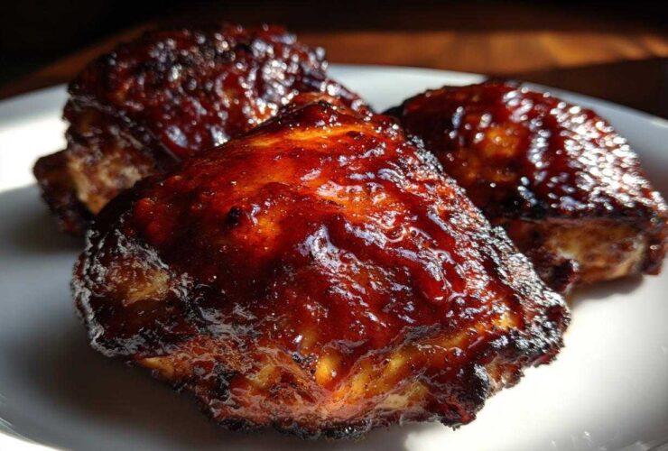 Three pieces of incredibly juicy bbq chicken coated in a thick, dark, glossy sauce, resting on a white plate.