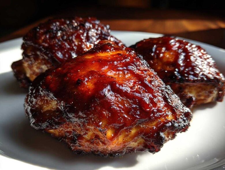 Three pieces of incredibly juicy bbq chicken coated in a thick, dark, glossy sauce, resting on a white plate.