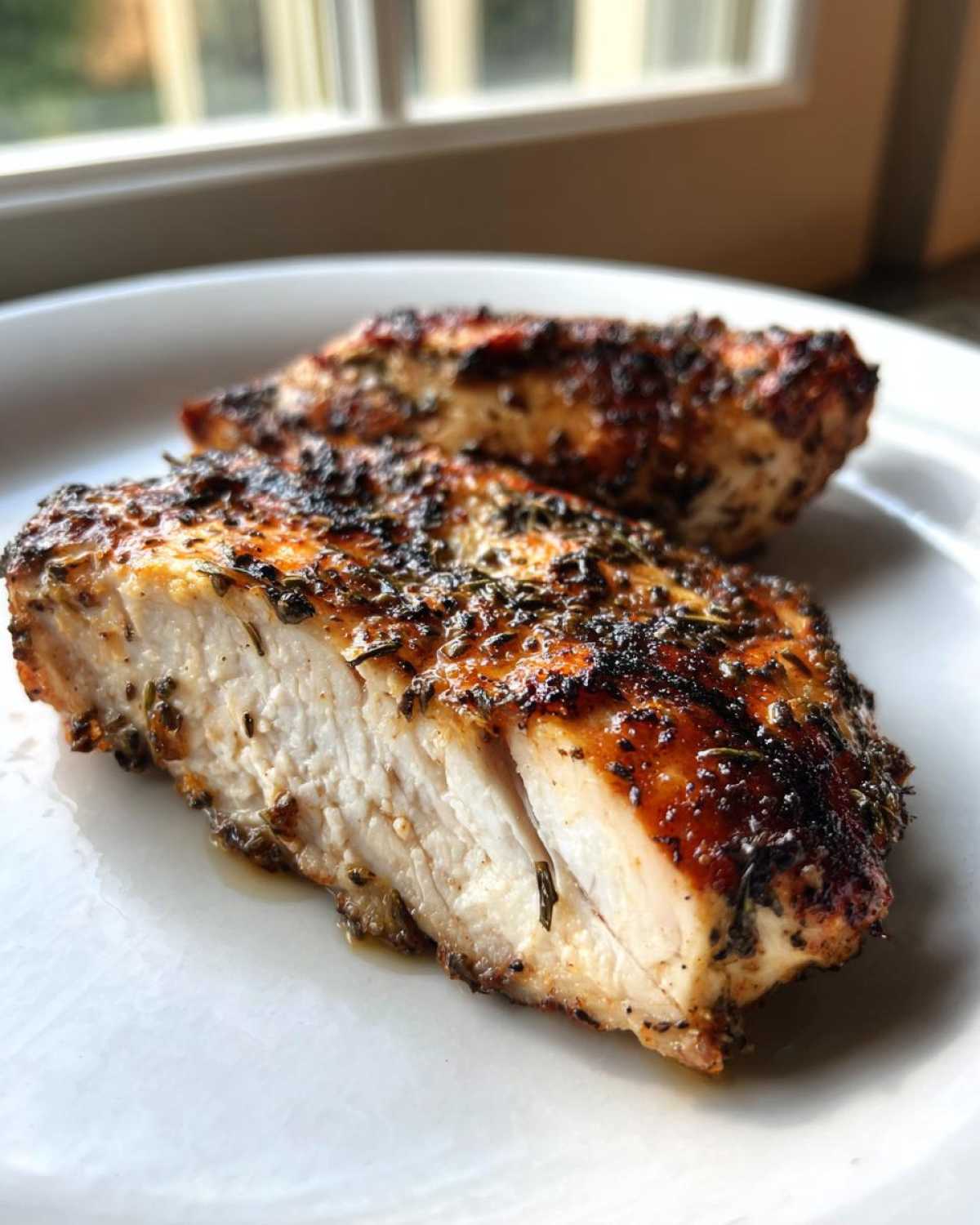 Close-up of juicy greek chicken breast, sliced to show the perfectly cooked white interior and herb crust.