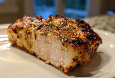 Close-up of a perfectly cooked, juicy piece of greek chicken, showing the white interior and charred, herbed exterior.