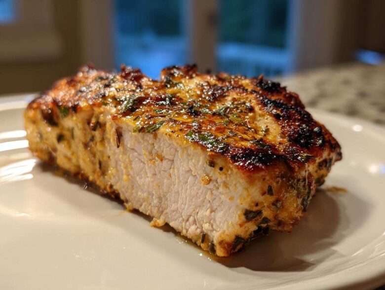 Close-up of a perfectly cooked, juicy piece of greek chicken, showing the white interior and charred, herbed exterior.