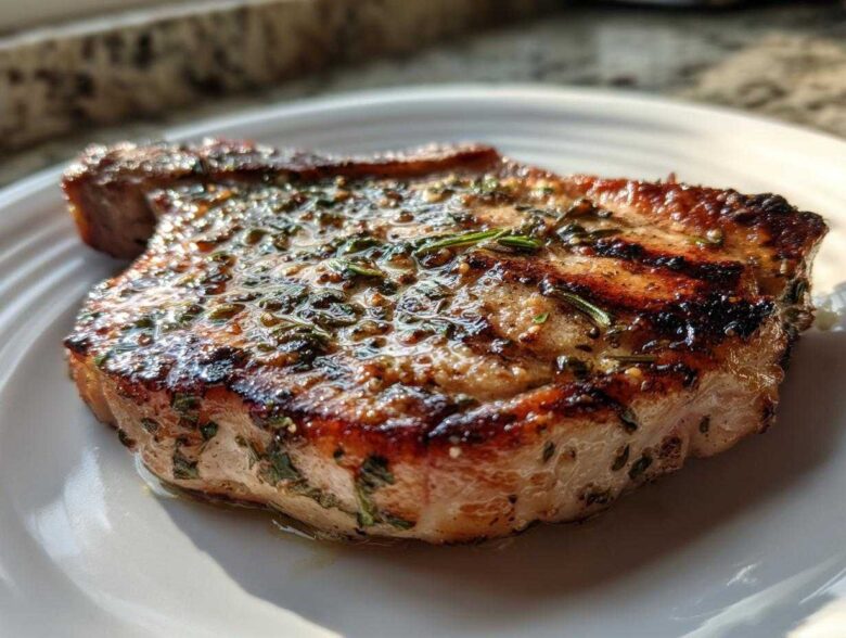 Close-up of a perfectly grilled pork chop coated in a glistening herb marinade for pork chops.