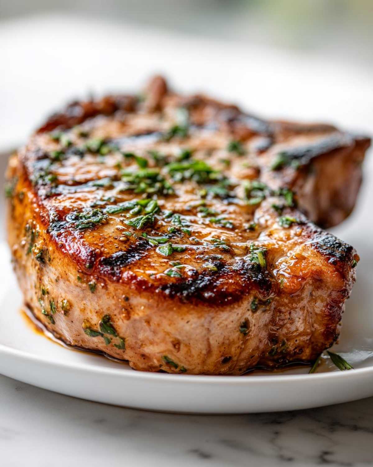 Close-up of a perfectly cooked pork chop showing grill marks and fresh herbs, made using the marinade for pork chops.