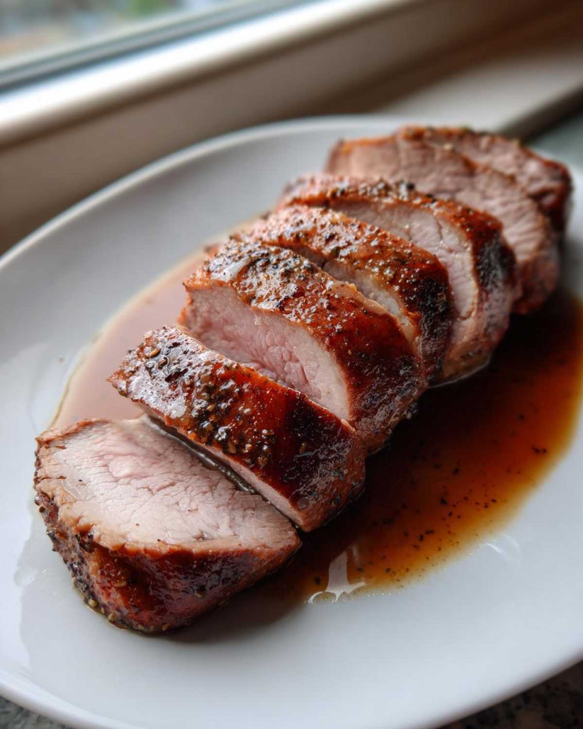 Close-up of perfectly cooked, sliced pork loin roast resting in its rich pan juices on a white plate.
