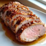 Close-up of a perfectly cooked, sliced pork loin roast showing a juicy pink center and a caramelized, seasoned crust.