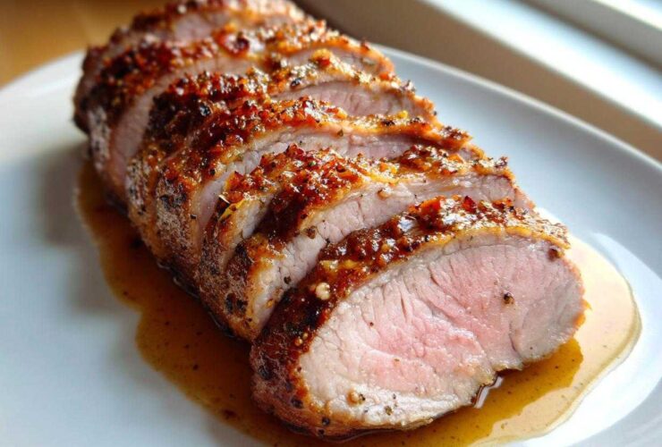 Close-up of a perfectly cooked, sliced pork loin roast showing a juicy pink center and a caramelized, seasoned crust.