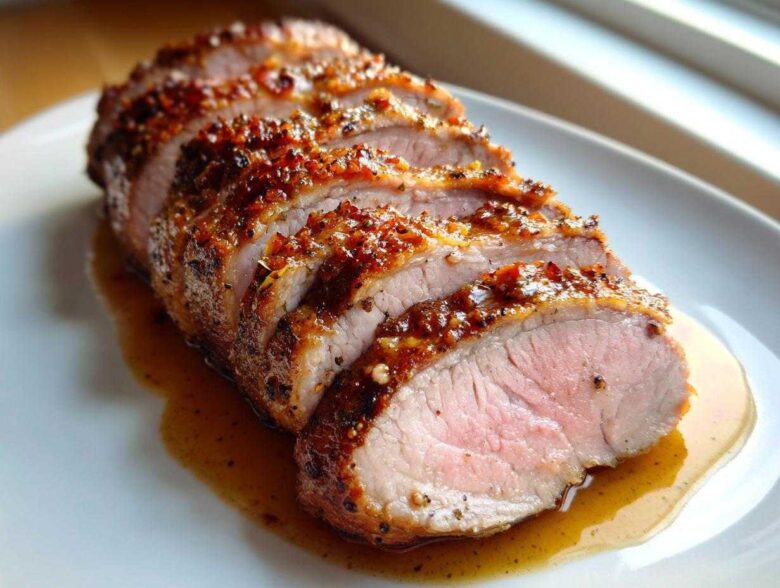 Close-up of a perfectly cooked, sliced pork loin roast showing a juicy pink center and a caramelized, seasoned crust.