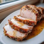 Close-up of juicy pork loin roast, sliced and drizzled with pan juices.