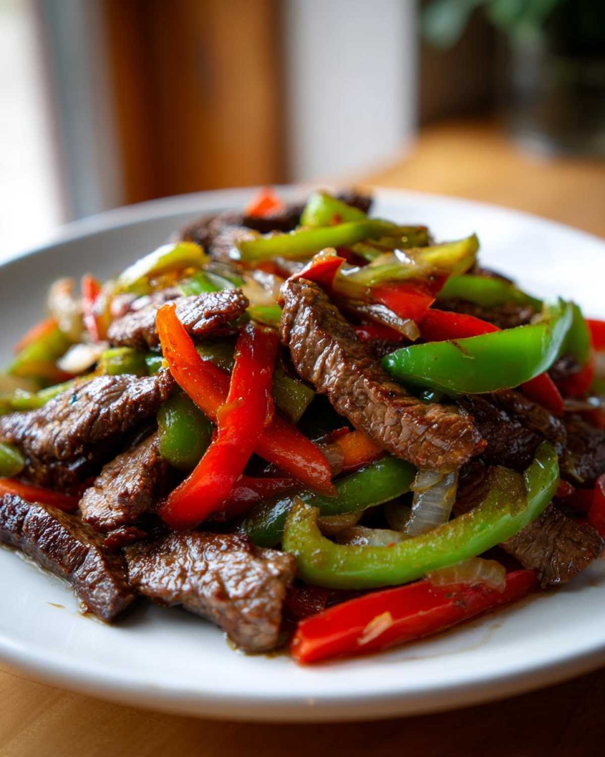 Close-up of juicy steak fajitas mixed with vibrant red and green bell peppers.