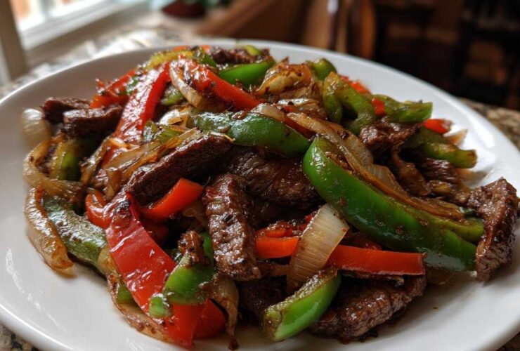 Close-up of juicy steak fajitas mixture with sautéed green peppers, red peppers, and onions on a white plate.