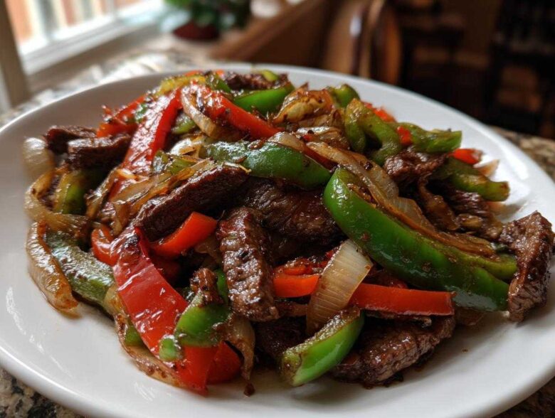 Close-up of juicy steak fajitas mixture with sautéed green peppers, red peppers, and onions on a white plate.
