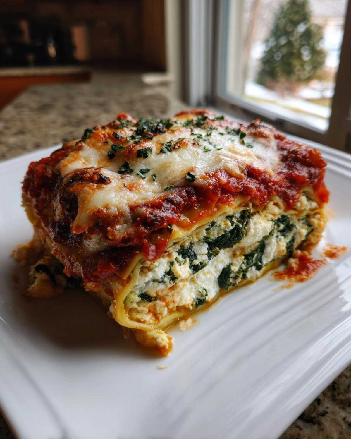 A hearty slice of lasagna with cottage cheese, spinach layers, topped with melted cheese and sauce.