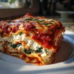 A generous slice of lasagna with cottage cheese, spinach, and rich tomato sauce, ready to eat.