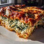 A thick, satisfying slice of lasagna with cottage cheese and spinach filling, topped with melted cheese and marinara sauce.