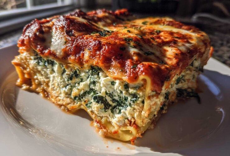 A thick, satisfying slice of lasagna with cottage cheese and spinach filling, topped with melted cheese and marinara sauce.