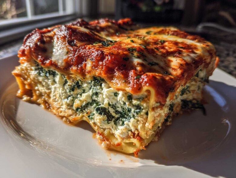 A thick, satisfying slice of lasagna with cottage cheese and spinach filling, topped with melted cheese and marinara sauce.
