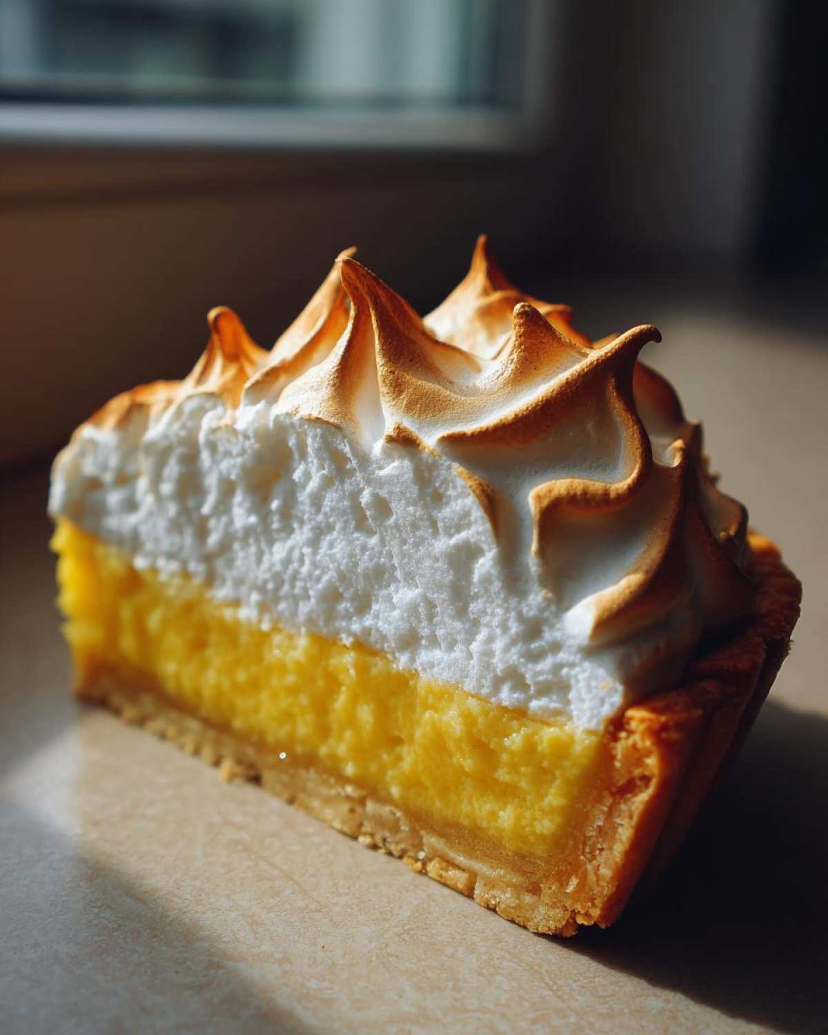 Close-up of a perfect slice of lemon meringue tart showing bright yellow filling and tall, torched meringue peaks.