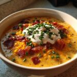 A creamy bowl of Loaded Baked Potato Soup topped with sour cream, shredded cheddar, bacon bits, and fresh chives.