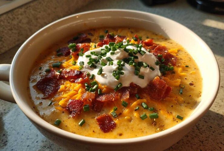 A creamy bowl of Loaded Baked Potato Soup topped with sour cream, shredded cheddar, bacon bits, and fresh chives.