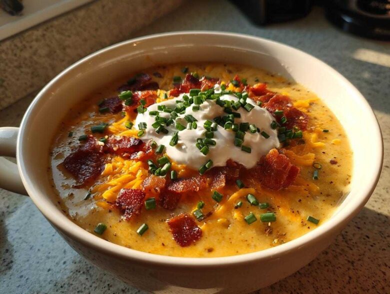 A creamy bowl of Loaded Baked Potato Soup topped with sour cream, shredded cheddar, bacon bits, and fresh chives.