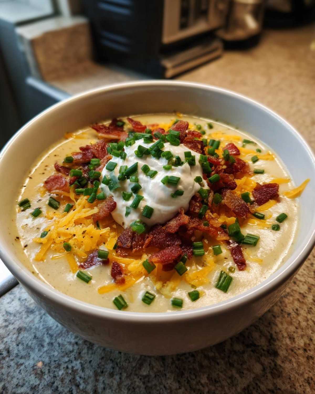 A close-up of a bowl of rich Loaded Baked Potato Soup topped with sour cream, shredded cheddar, bacon bits, and chives.