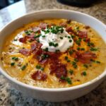 A creamy bowl of Loaded Baked Potato Soup topped with sour cream, bacon, cheddar cheese, and chives.