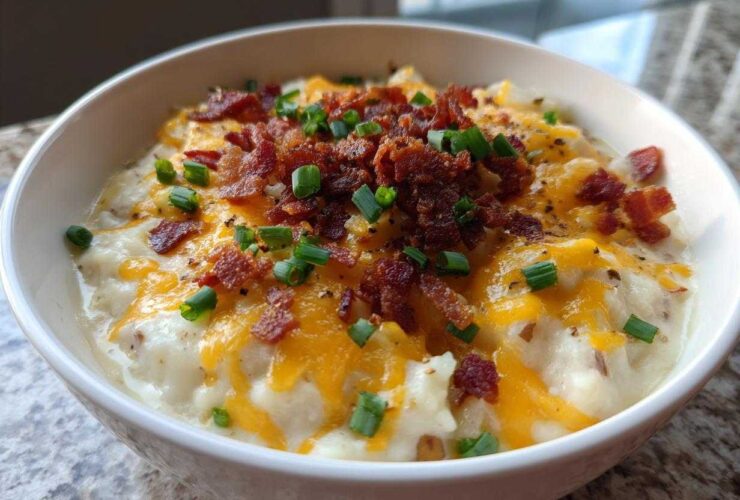 A close-up of a hearty bowl of loaded potato soup recipe topped with melted cheddar cheese, bacon bits, and green onions.