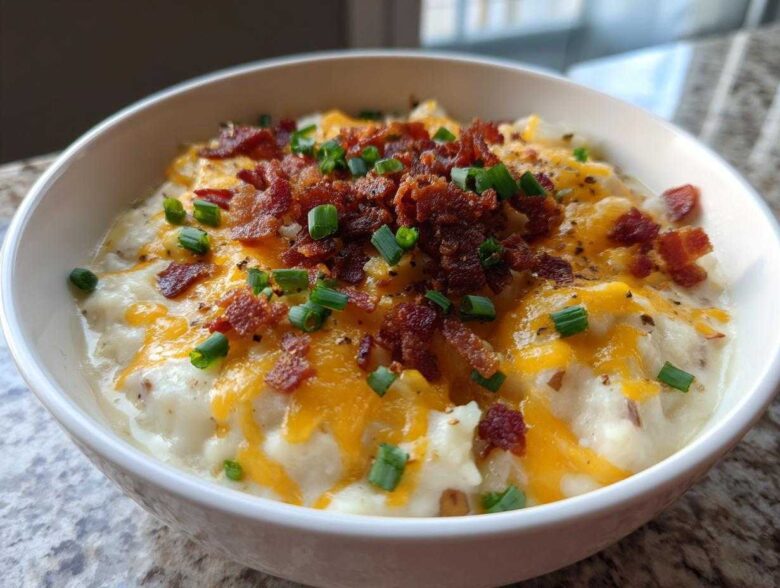 A close-up of a hearty bowl of loaded potato soup recipe topped with melted cheddar cheese, bacon bits, and green onions.