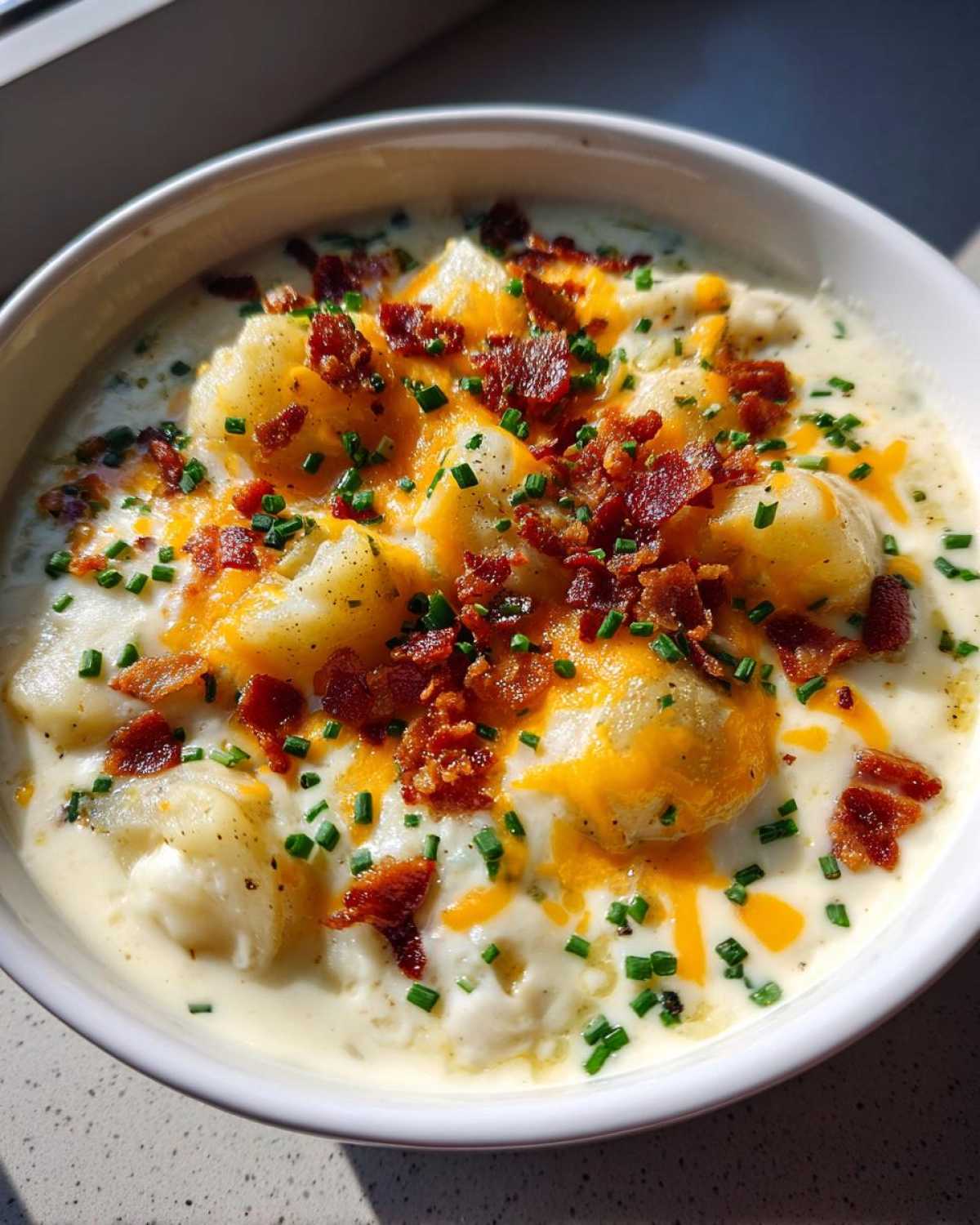 Close-up of a bowl of creamy potato soup recipe topped with chunks of potato, melted cheddar cheese, bacon bits, and chives.