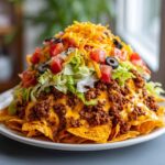 A massive, layered taco salad featuring seasoned ground beef, melted cheese sauce, shredded lettuce, tomatoes, and olives over tortilla chips.