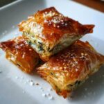 Three golden, flaky Mediterranean Spinach and Feta Cheese Crisps stacked on a white plate, sprinkled with sea salt.