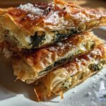Stack of golden, flaky Mediterranean Spinach and Feta Cheese Crisps dusted with cheese.