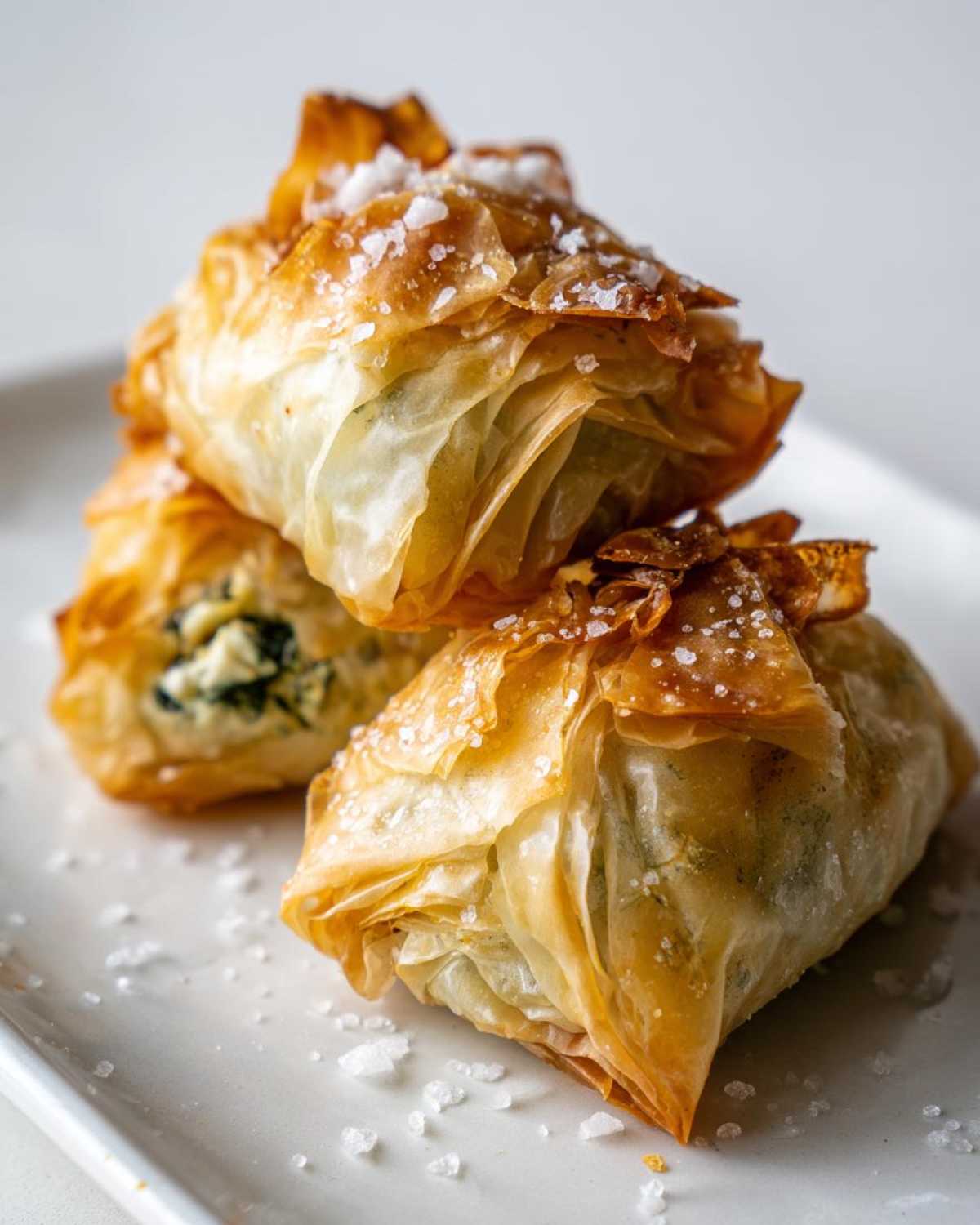 Three golden brown Mediterranean Spinach and Feta Cheese Crisps stacked on a white plate, sprinkled with sea salt.