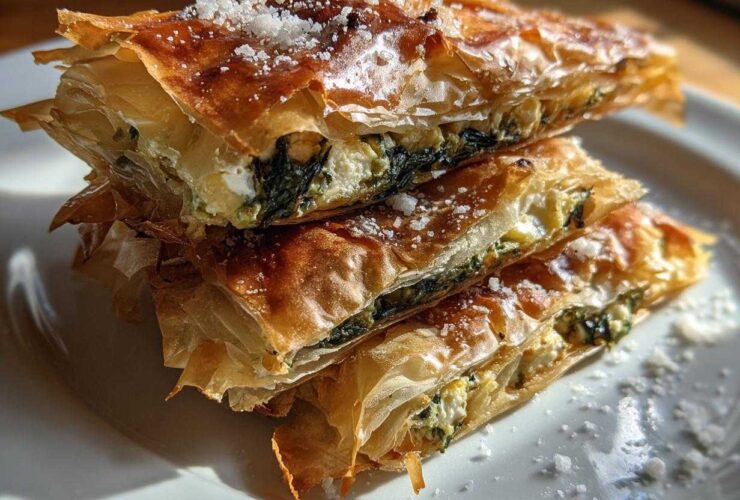 Stack of golden, flaky Mediterranean Spinach and Feta Cheese Crisps dusted with cheese.
