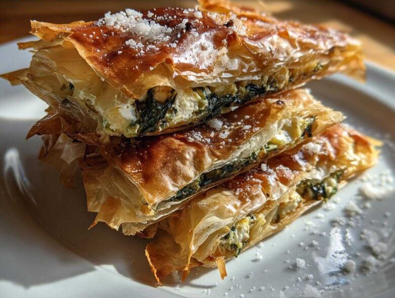 Stack of golden, flaky Mediterranean Spinach and Feta Cheese Crisps dusted with cheese.