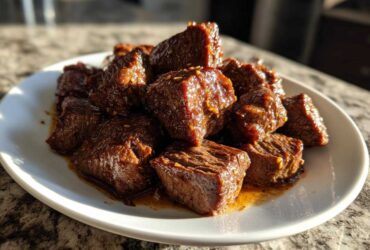 A pile of tender, glazed, bite-sized pieces of crockpot steak served on a white plate.
