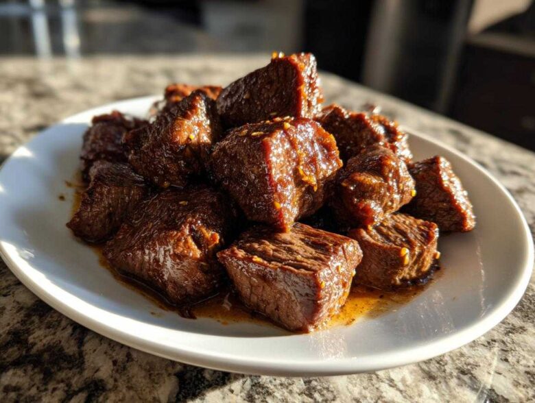 A pile of tender, glazed, bite-sized pieces of crockpot steak served on a white plate.